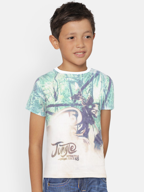 

United Colors of Benetton Boys Beige & Green Printed Round Neck T-shirt