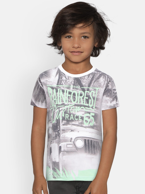 

United Colors of Benetton Boys Off-White & Brown Printed Round Neck T-shirt