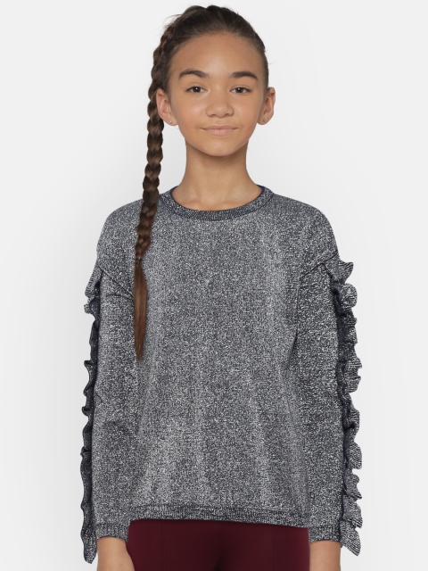 

United Colors of Benetton Girls Navy Blue & Silver-Toned Self Design Pullover