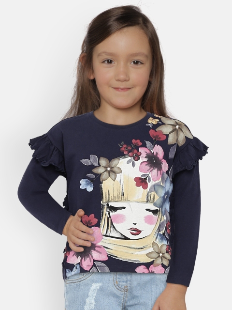 

United Colors of Benetton Girls Navy Blue & Pink Printed Top