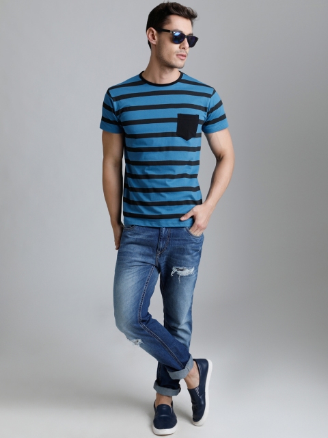 

DILLINGER Men Blue Striped Round Neck T-shirt