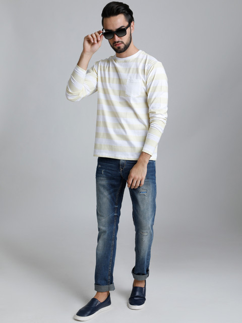 

DILLINGER Men Yellow Striped Round Neck T-shirt