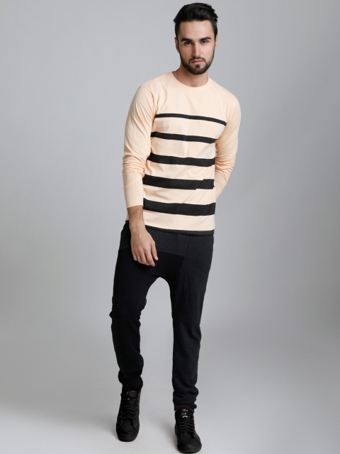 

DILLINGER Men Peach-Coloured Striped Round Neck T-shirt