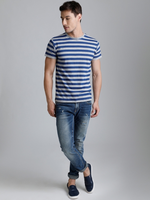 

DILLINGER Men Grey Melange Striped Round Neck T-shirt
