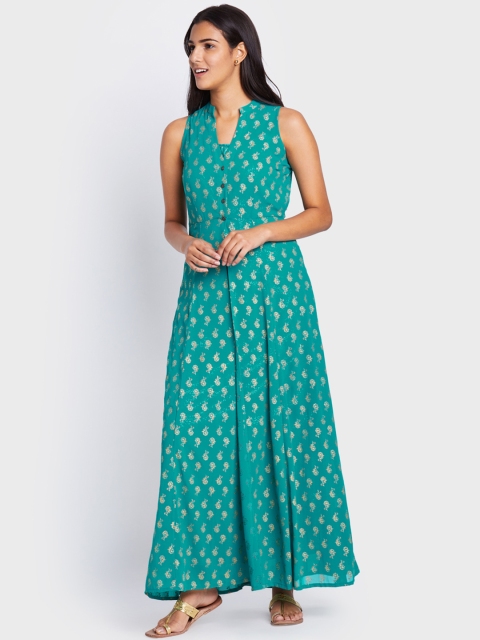 

Global Desi Women Blue Printed High-Slit Layered Kurta