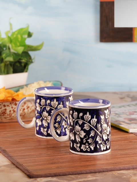 

VarEesha Blue & White Set of 2 Hand Painted Blue Mughal Ceramic Coffee/ Milk Mugs