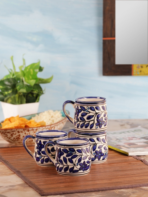 

VarEesha Blue & White set Of 4 Hand Painted Blue Flowers Ceramic Tea/Coffee Mugs
