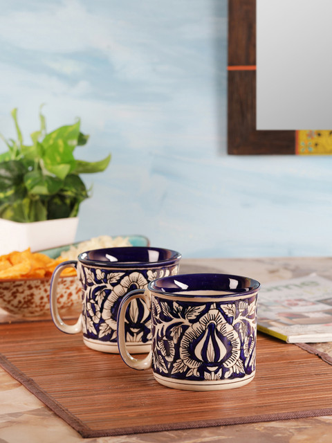 

VarEesha Blue & Off-White Set Of 2 Hand Painted Blue Morocccan Ceramic Maggi/ Soup Mugs