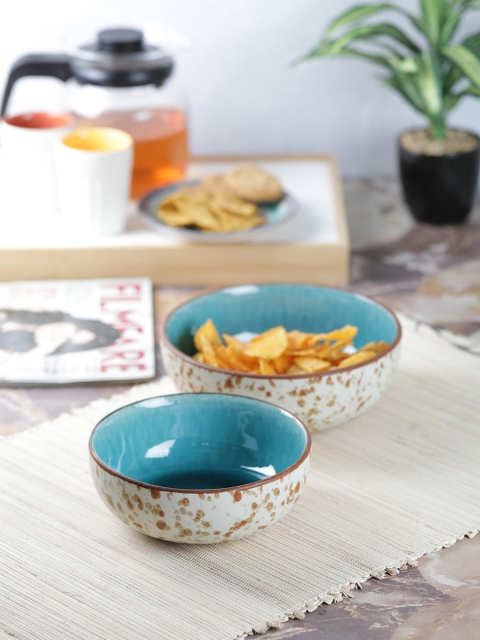 

VarEesha Off-White & Brown Set of 2 Hand Painted Mosaic Ceramic Serving Bowls