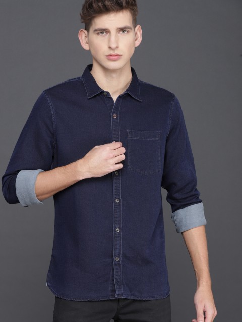 

WROGN Men Blue Slim Fit Solid Denim Casual Shirt