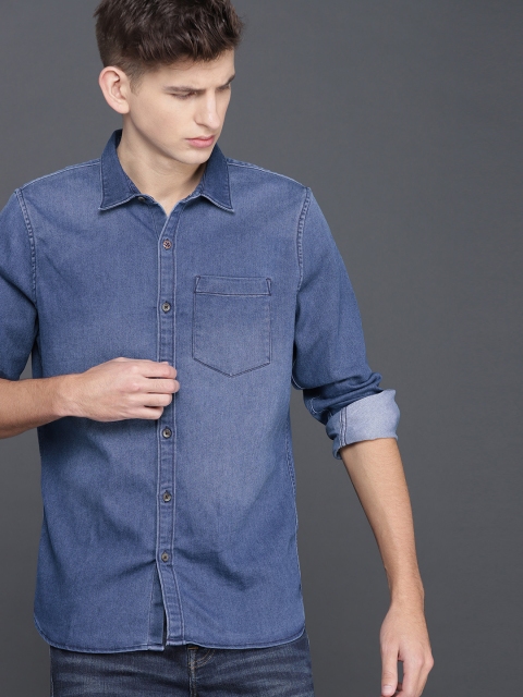 

WROGN Men Blue Slim Fit Solid Denim Casual Shirt