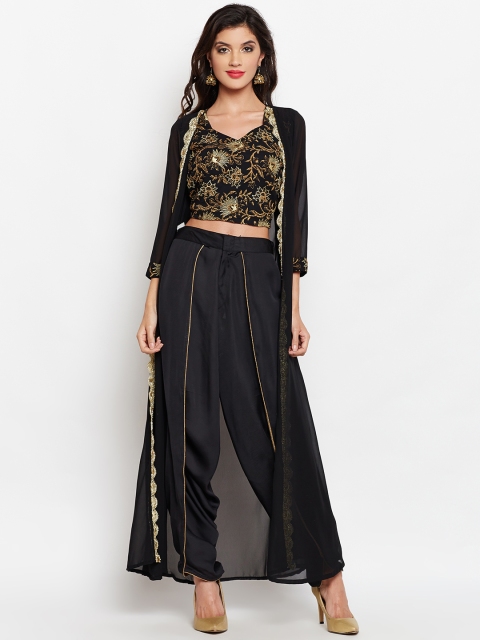 

studio rasa Women Black Block Printed Embroidered Cape Top with Dhoti Pants