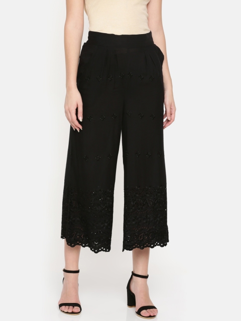 

De Moza Women Black Self Design Wide Leg Palazzos