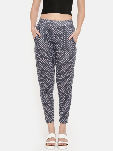 

De Moza Women Navy Blue & White Regular Fit Printed Regular Trousers