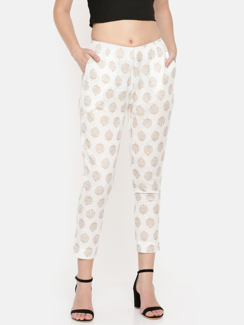 

De Moza Women Off-White & Gold-Toned Regular Fit Printed Cigarette Trousers