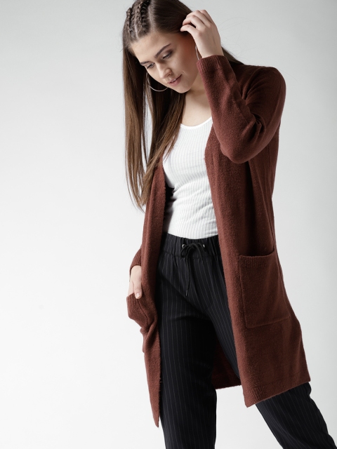 

FOREVER 21 Women Brown Solid Front-Open Longline Sweater