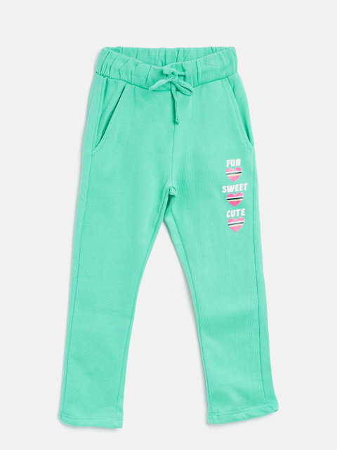 

TAMBOURINE Girls Solid Sea Green Track Pants with Printed Detail