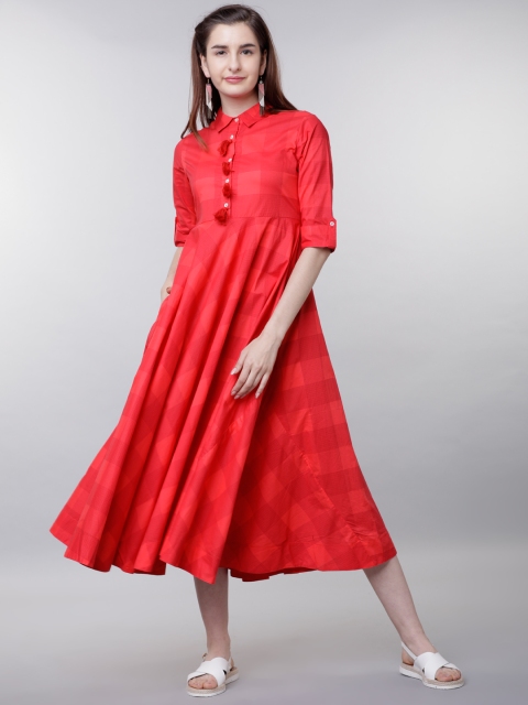 

Vishudh Women Red Checked Fit and Flare Dress