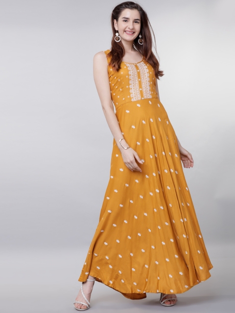 

Vishudh Women Mustard Self Design Fit and Flare Dress