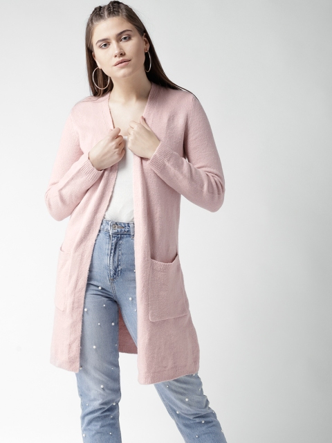 

FOREVER 21 Women Pink Solid Longline Front-Open Sweater
