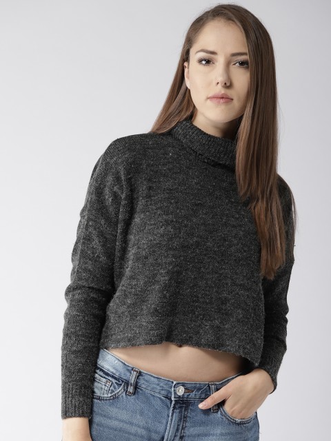 

FOREVER 21 Women Charcoal Grey Solid Crop Pullover