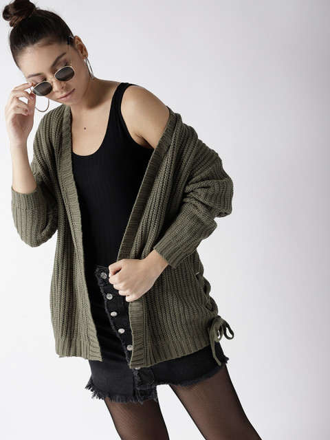 

FOREVER 21 Women Olive Green Solid Front-Open Sweater