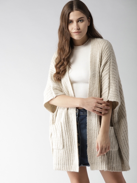 

FOREVER 21 Women Cream-Coloured Ribbed Front-Open