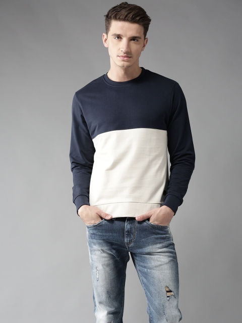

Flying Machine Men Off-White & Navy Blue Colourblocked Sweatshirt