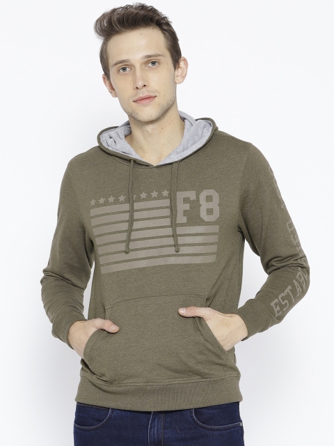 

Flying Machine Men Olive Green Printed Hooded Sweatshirt