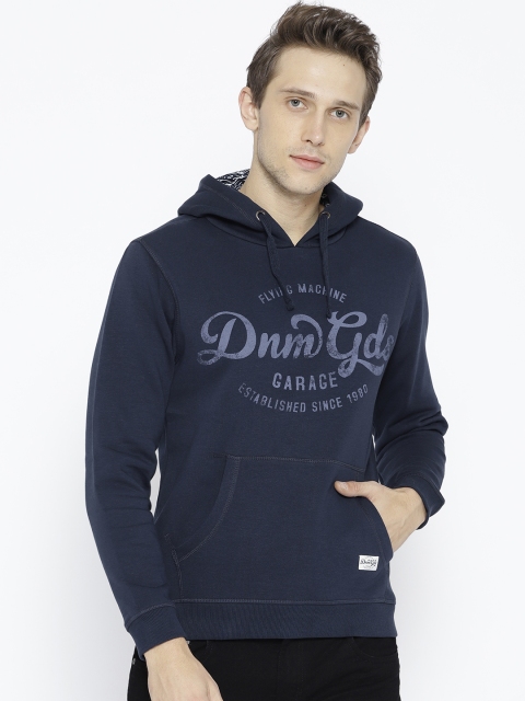 

Flying Machine Men Navy Blue Printed Hooded Sweatshirt