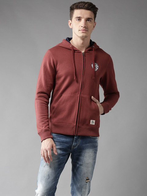 

Flying Machine Men Rust Red Solid Hooded Sweatshirt