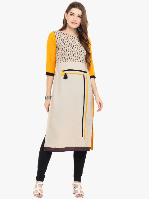 

Janasya Women Beige & Mustard Printed Straight Kurta