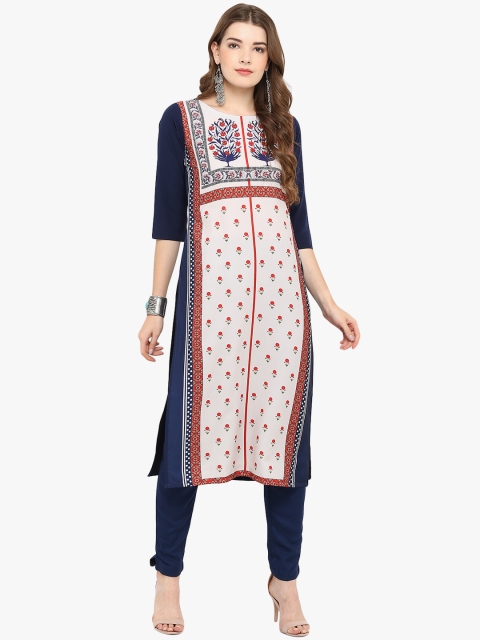 

Janasya Women Navy Blue & Beige Printed Straight Kurta