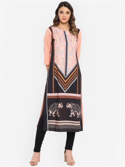 

Janasya Women Peach-Coloured & Black Printed Straight Kurta
