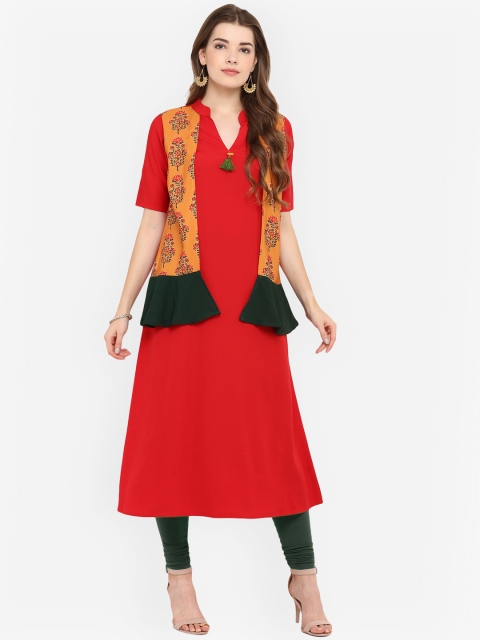 

Janasya Women Red Printed A-Line Kurta