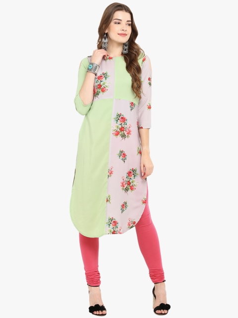 

Janasya Women Green Printed Straight Kurta