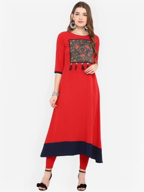 

Janasya Women Red Yoke Design A-Line Kurta
