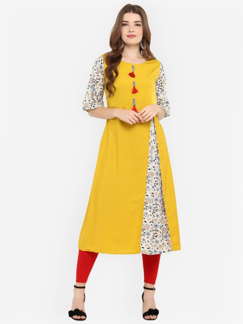 

Janasya Women Yellow Printed A-Line Kurta