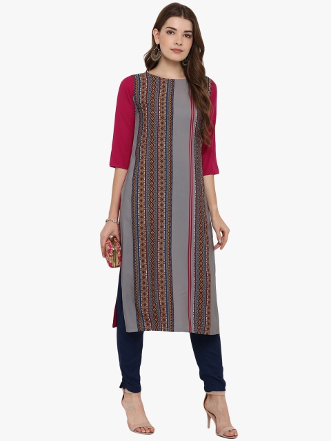 

Janasya Women Taupe & Maroon Printed Straight Kurta