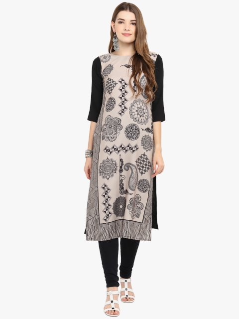 

Janasya Women Beige & Black Printed Straight Kurta