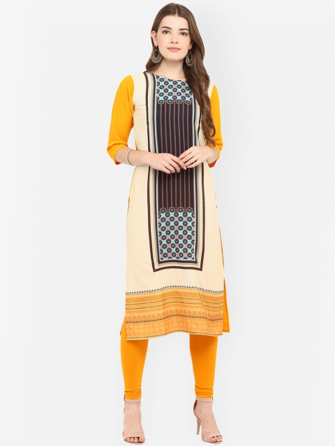 

Janasya Women Yellow & Cream-Coloured Printed Straight Kurta