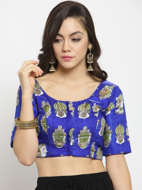 

SALWAR STUDIO Blue Printed Banglori Silk Saree Blouse