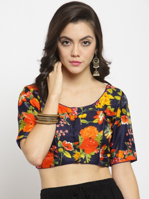 

SALWAR STUDIO Navy & Orange Floral Print Banglori Silk Saree Blouse, Navy blue
