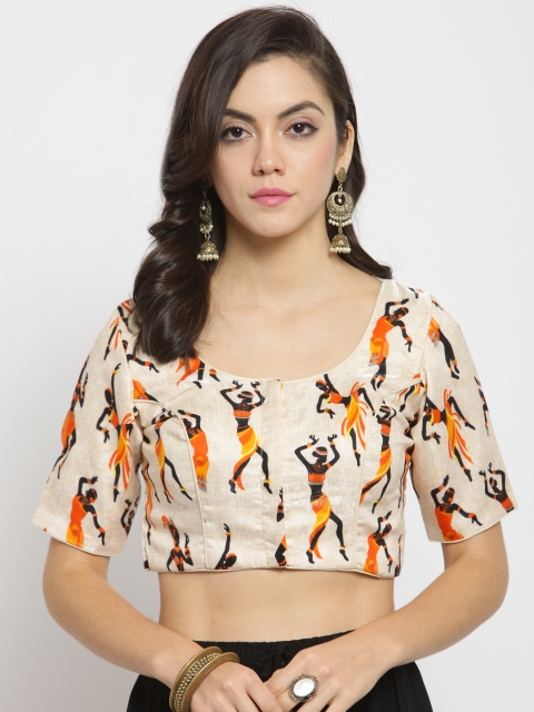 

SALWAR STUDIO Beige & Orange Printed Banglori Silk Saree Blouse
