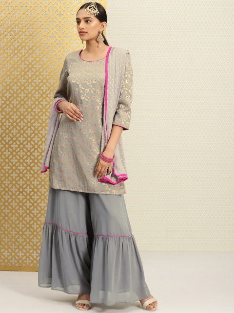 

House of Pataudi Women Grey & Pink Brocade Kurta with Sharara & Dobby Dupatta