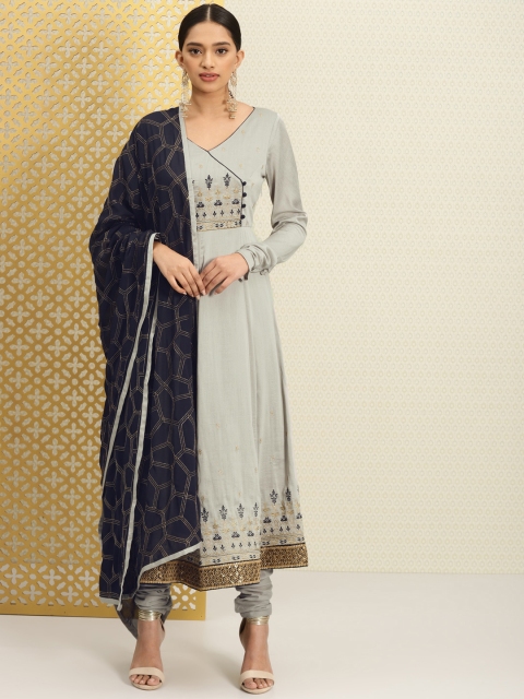 

House of Pataudi Women Grey & Navy Embroidered Kurta with Churidar & Jacquard Dupatta