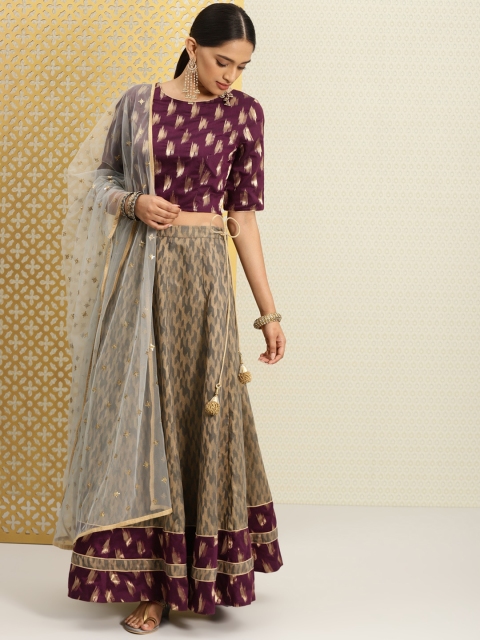 

House of Pataudi Burgundy & Grey Jacquard Blouse with Jacquard Lehenga & Sequinned Dupatta, Maroon