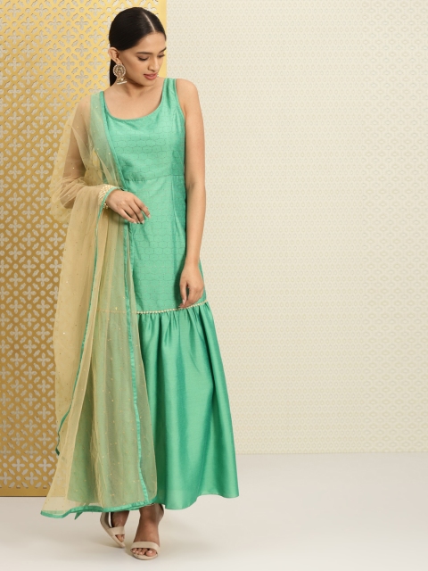 

House of Pataudi Women Green Tiered Gold Printed Kurta with Sequinned Dupatta