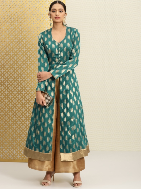 

House of Pataudi Women Green & Gold Brocade Kurta with Palazzos