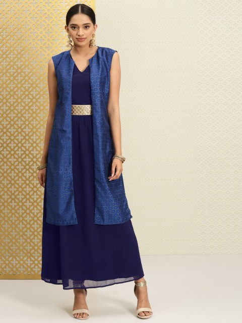 

House of Pataudi Women Navy Blue Embroidered A-Line Kurta with Gold Printed Jacket